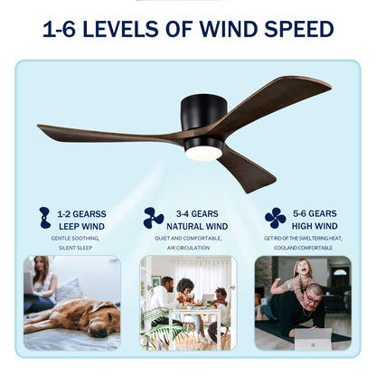 52" Ceiling Fan with Lights Remote Control,Quiet DC Motor 3 Blade Ceiling Fans 6 Speed Levels,Reversible Ceiling Fan, for Patio Living Room, Bedroom, Office,Indoor.(Matte Black +Black Walnut )