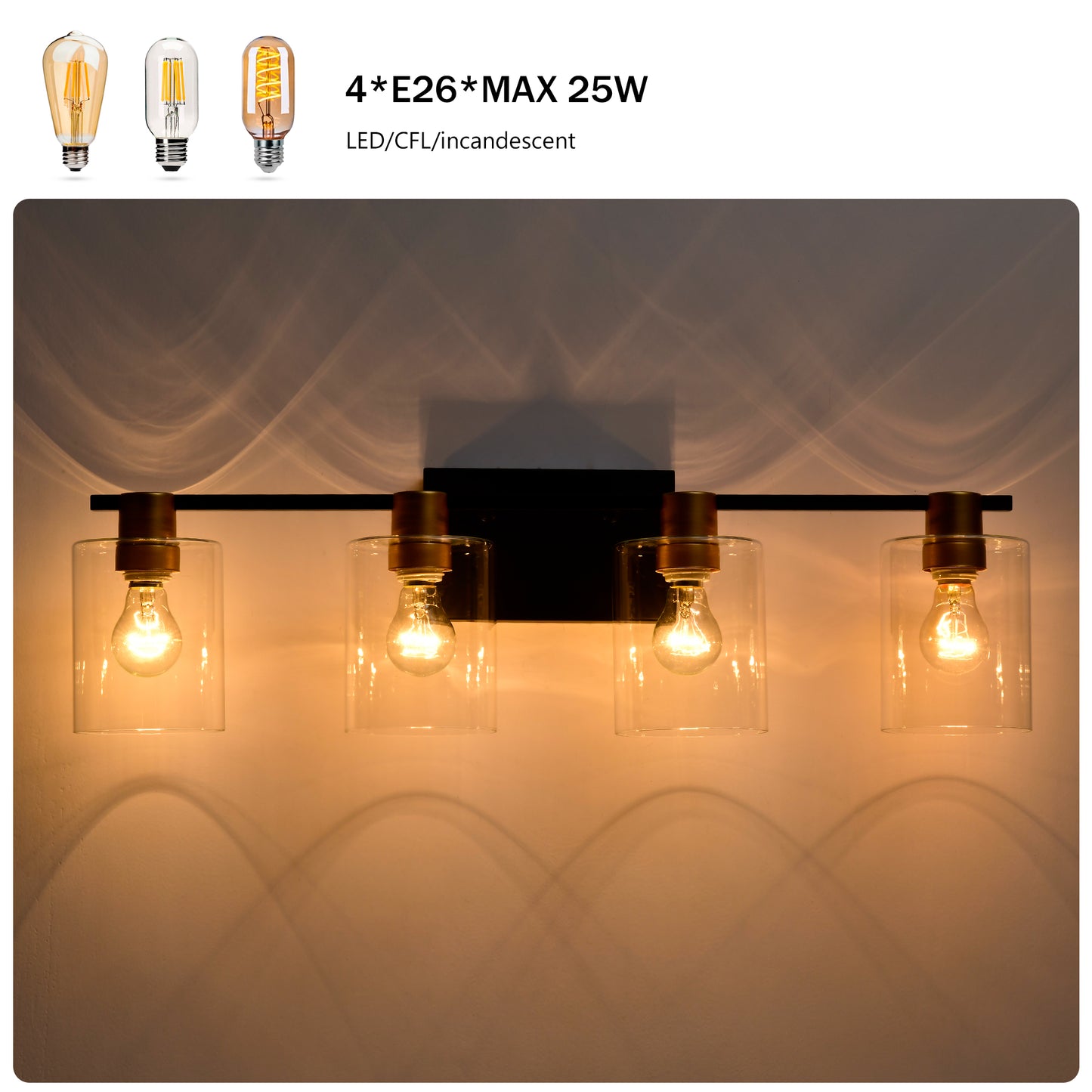 4-Light Bathroom Light Fixtures((Does Not Include Light Bulbs), Modern Vanity Lights with Glass Shade, Vintage Light Fixture Bathroom Over Mirror Wall Lights for Kitchen Dinning Room Bedroom Hallway