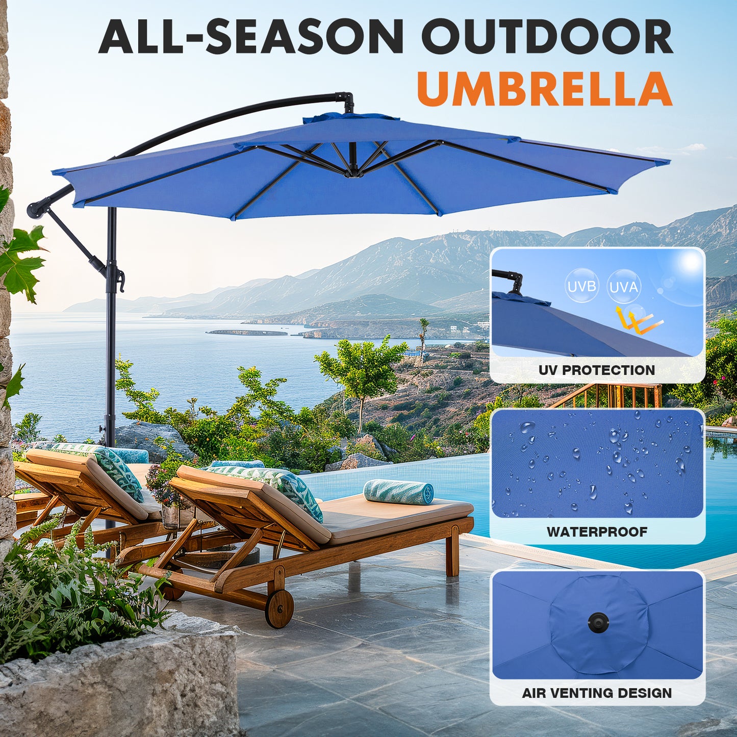 9.8FT Offset Patio Umbrella Hanging Cantilever Umbrella Outdoor Sun Shade with Easy Tilt Adjustment, 8 Ribs, UV Protection for Backyard, Lawn, Garden and Pool