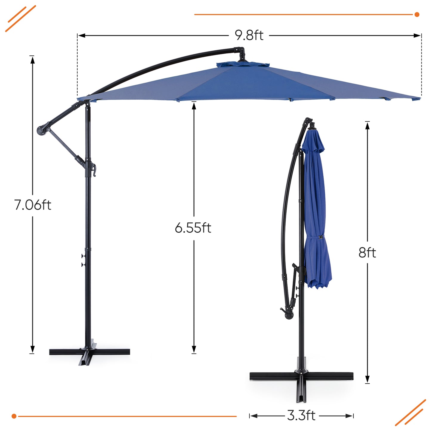 9.8FT Offset Patio Umbrella Hanging Cantilever Umbrella Outdoor Sun Shade with Easy Tilt Adjustment, 8 Ribs, UV Protection for Backyard, Lawn, Garden and Pool