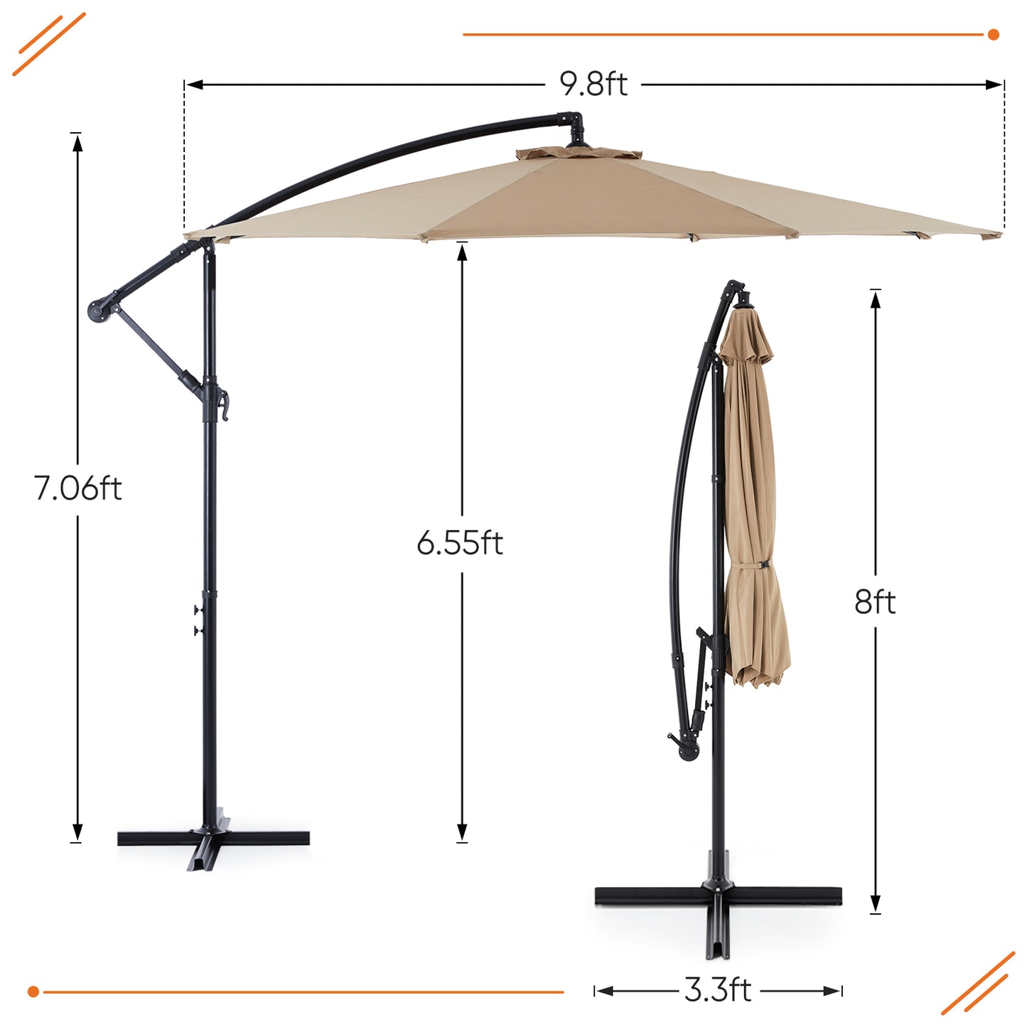 9.8FT Offset Patio Umbrella Hanging Cantilever Umbrella Outdoor Sun Shade with Easy Tilt Adjustment, 8 Ribs, UV Protection for Backyard, Lawn, Garden and Pool