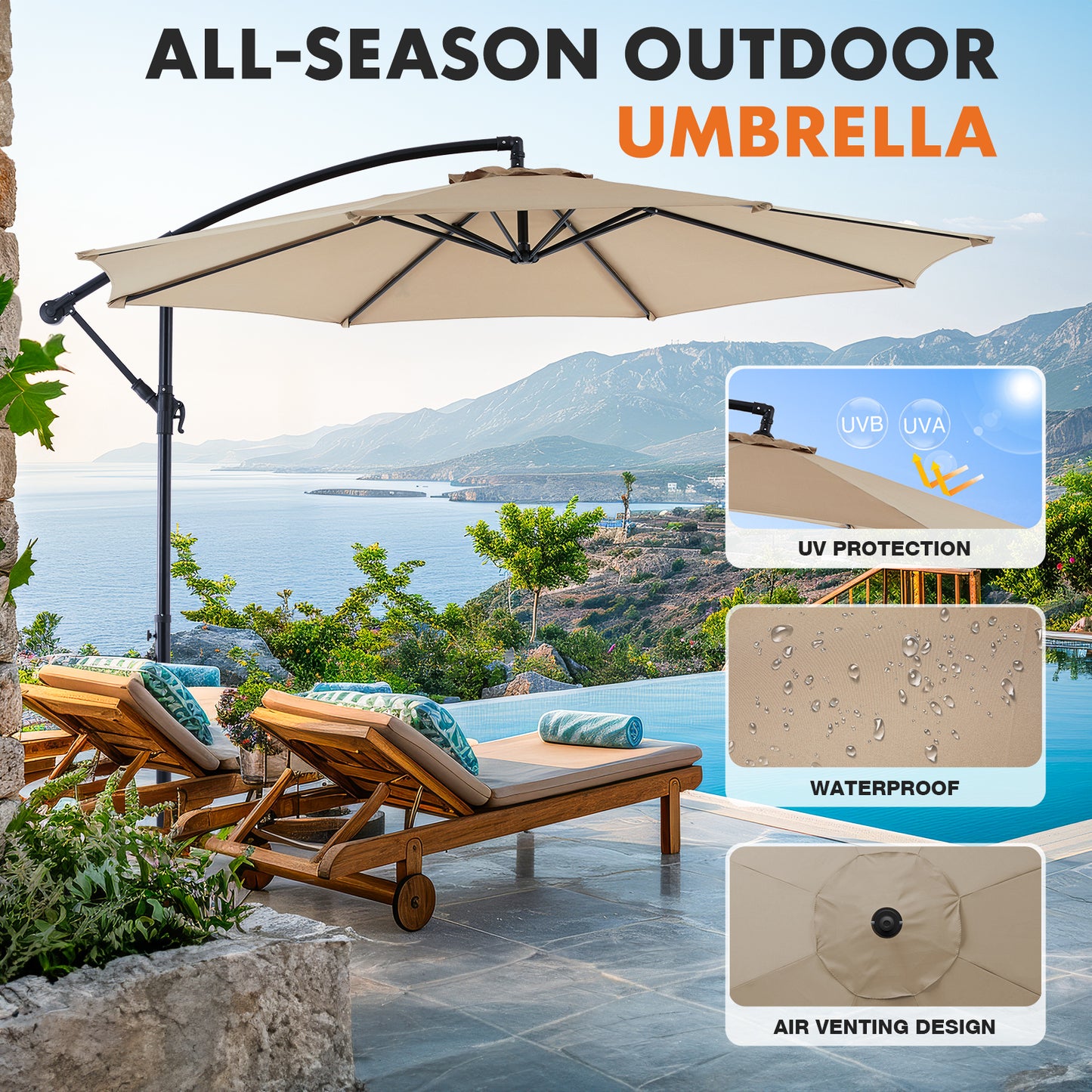 9.8FT Offset Patio Umbrella Hanging Cantilever Umbrella Outdoor Sun Shade with Easy Tilt Adjustment, 8 Ribs, UV Protection for Backyard, Lawn, Garden and Pool