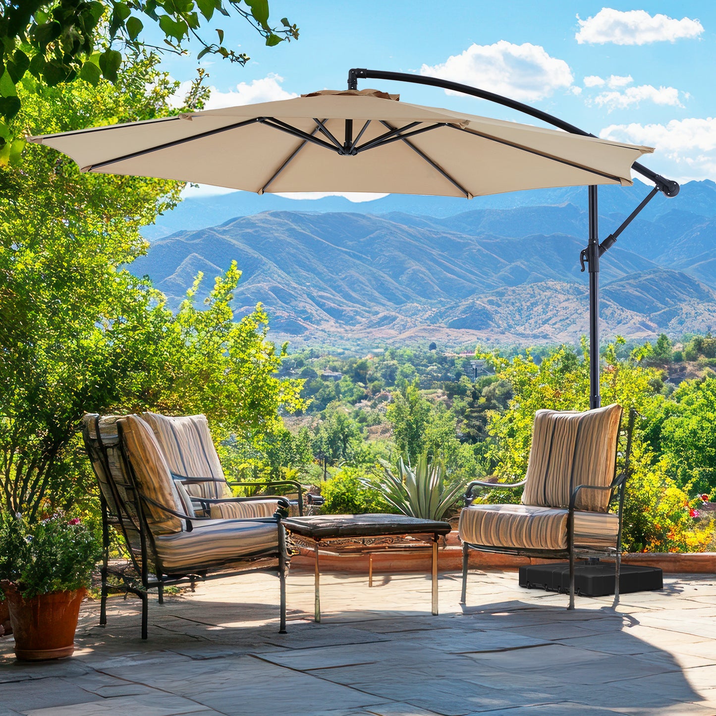 9.8FT Offset Patio Umbrella Hanging Cantilever Umbrella Outdoor Sun Shade with Easy Tilt Adjustment, 8 Ribs, UV Protection for Backyard, Lawn, Garden and Pool