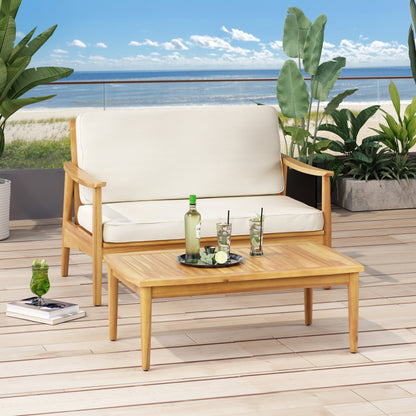 Patio Loveseat and Coffee Table Set, Patio Furniture Set with Cushion, Acacia Wood Frame Conversation Set for Garden, Backyard, Porch and Poolside, Minimalistic Style