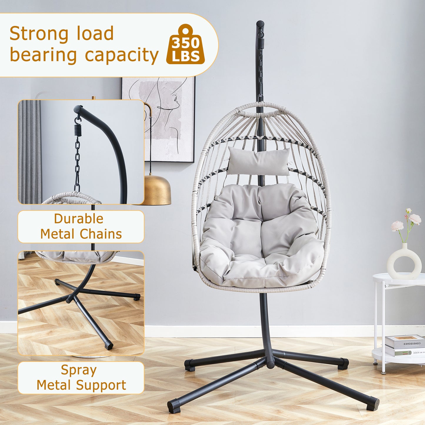 GRHeavy-Duty Iron Hanging Chair with Wicker Weave – Single Person Swing for Indoor/Outdoor (Gray)