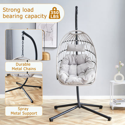 GRHeavy-Duty Iron Hanging Chair with Wicker Weave – Single Person Swing for Indoor/Outdoor (Gray)