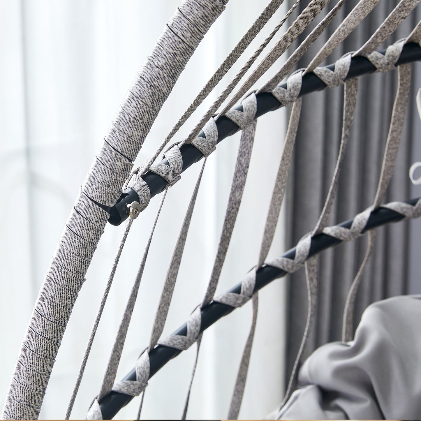 GRHeavy-Duty Iron Hanging Chair with Wicker Weave – Single Person Swing for Indoor/Outdoor (Gray)