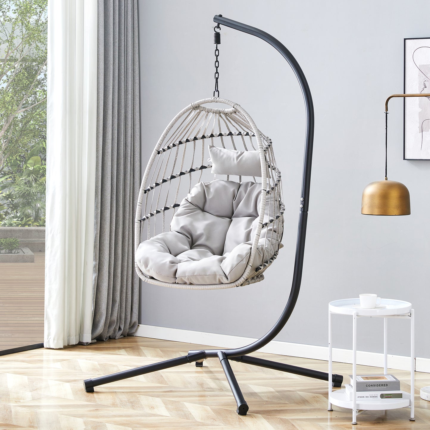 GRHeavy-Duty Iron Hanging Chair with Wicker Weave – Single Person Swing for Indoor/Outdoor (Gray)
