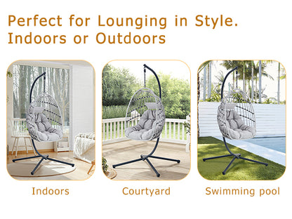 GRHeavy-Duty Iron Hanging Chair with Wicker Weave – Single Person Swing for Indoor/Outdoor (Gray)