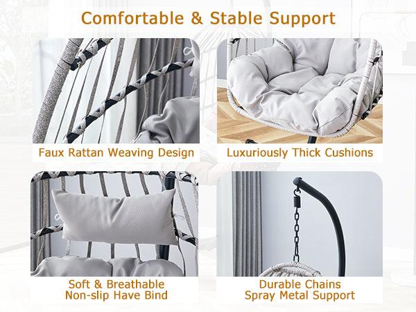 GRHeavy-Duty Iron Hanging Chair with Wicker Weave – Single Person Swing for Indoor/Outdoor (Gray)