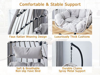 GRHeavy-Duty Iron Hanging Chair with Wicker Weave – Single Person Swing for Indoor/Outdoor (Gray)