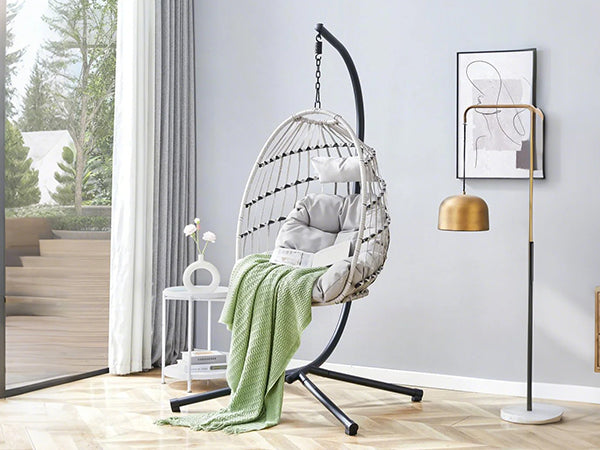 GRHeavy-Duty Iron Hanging Chair with Wicker Weave – Single Person Swing for Indoor/Outdoor (Gray)