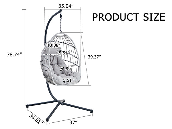 GRHeavy-Duty Iron Hanging Chair with Wicker Weave – Single Person Swing for Indoor/Outdoor (Gray)
