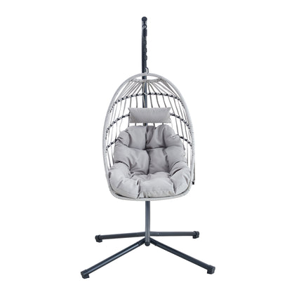 GRHeavy-Duty Iron Hanging Chair with Wicker Weave – Single Person Swing for Indoor/Outdoor (Gray)