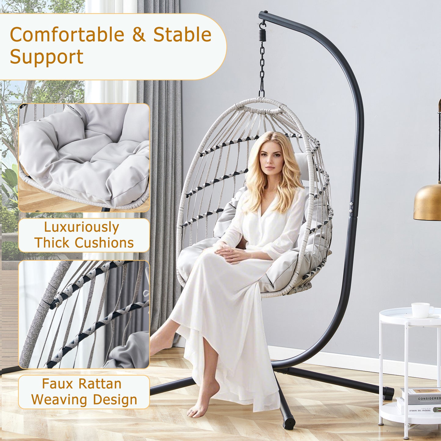 GRHeavy-Duty Iron Hanging Chair with Wicker Weave – Single Person Swing for Indoor/Outdoor (Gray)