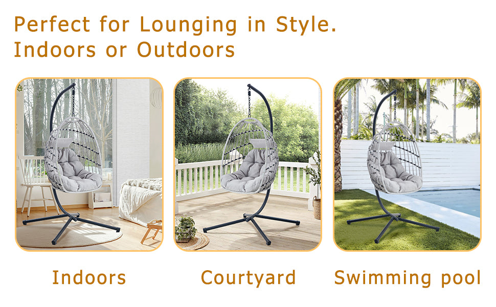 GRHeavy-Duty Iron Hanging Chair with Wicker Weave – Single Person Swing for Indoor/Outdoor (Gray)