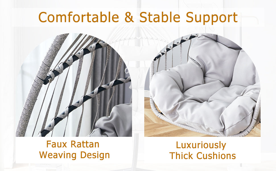 GRHeavy-Duty Iron Hanging Chair with Wicker Weave – Single Person Swing for Indoor/Outdoor (Gray)