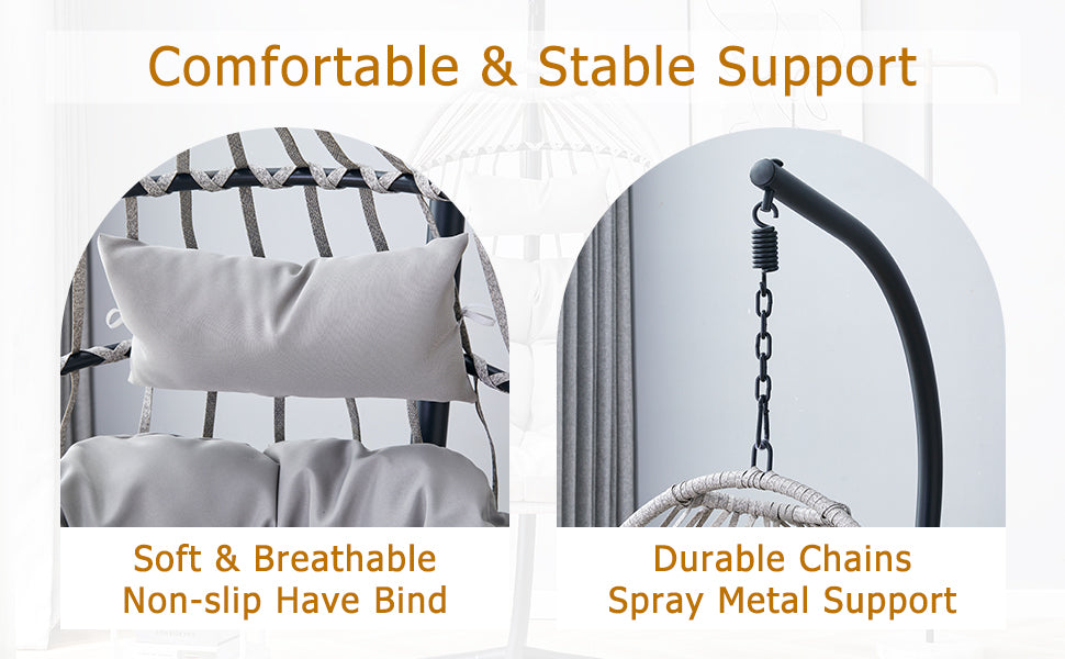 GRHeavy-Duty Iron Hanging Chair with Wicker Weave – Single Person Swing for Indoor/Outdoor (Gray)