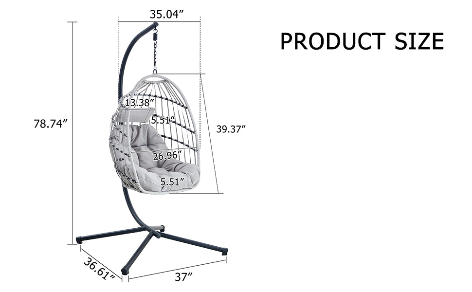 GRHeavy-Duty Iron Hanging Chair with Wicker Weave – Single Person Swing for Indoor/Outdoor (Gray)