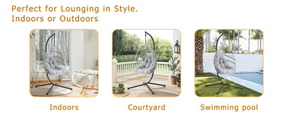 GRHeavy-Duty Iron Hanging Chair with Wicker Weave – Single Person Swing for Indoor/Outdoor (Gray)