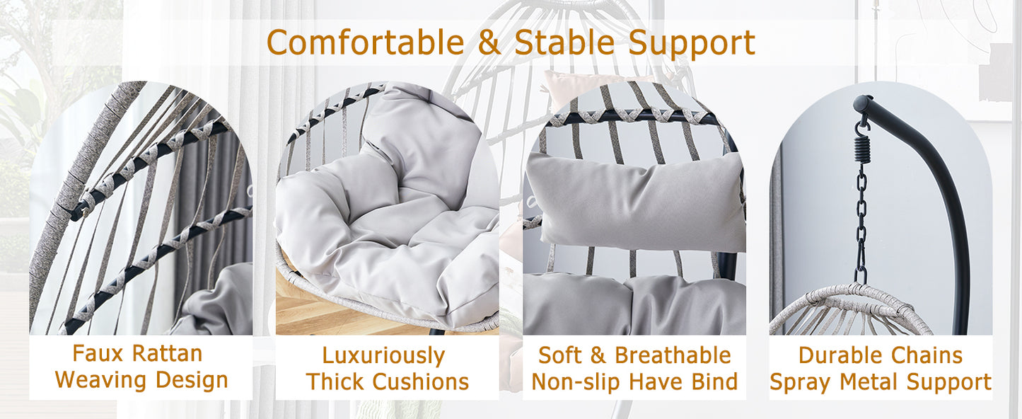 GRHeavy-Duty Iron Hanging Chair with Wicker Weave – Single Person Swing for Indoor/Outdoor (Gray)