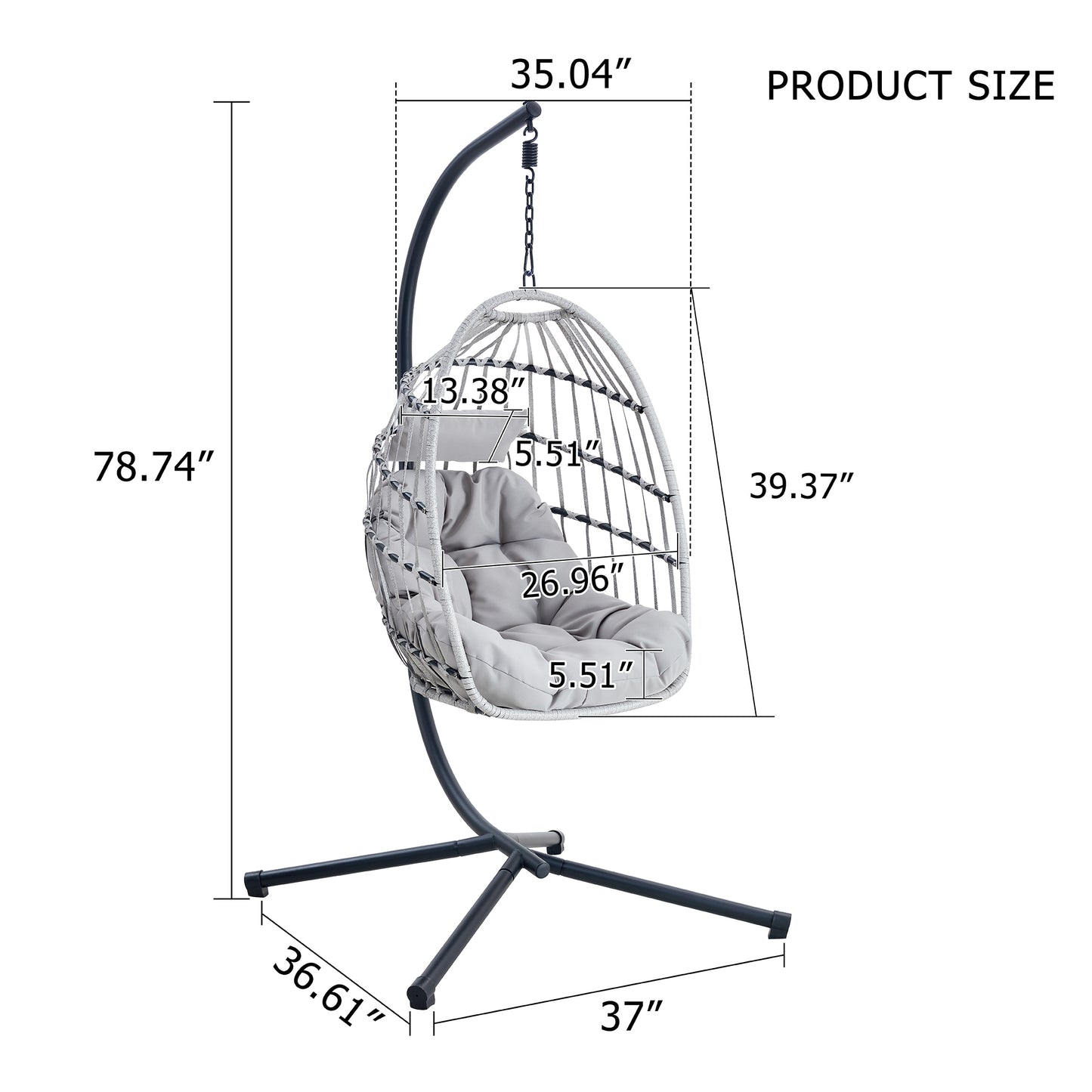 GRHeavy-Duty Iron Hanging Chair with Wicker Weave – Single Person Swing for Indoor/Outdoor (Gray)