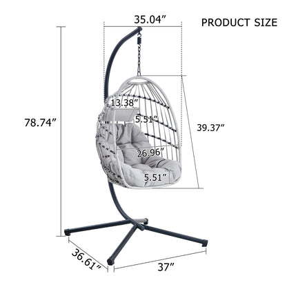 GRHeavy-Duty Iron Hanging Chair with Wicker Weave – Single Person Swing for Indoor/Outdoor (Gray)