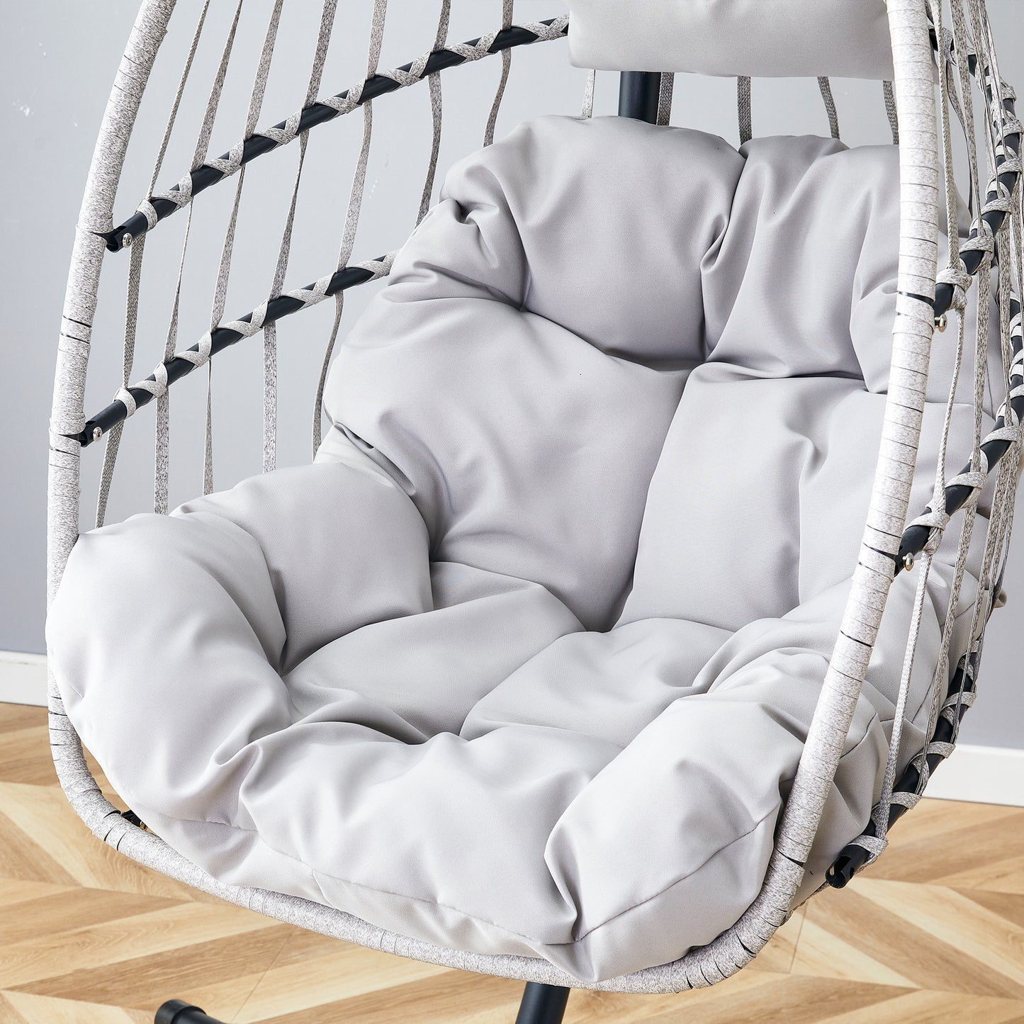 GRHeavy-Duty Iron Hanging Chair with Wicker Weave – Single Person Swing for Indoor/Outdoor (Gray)