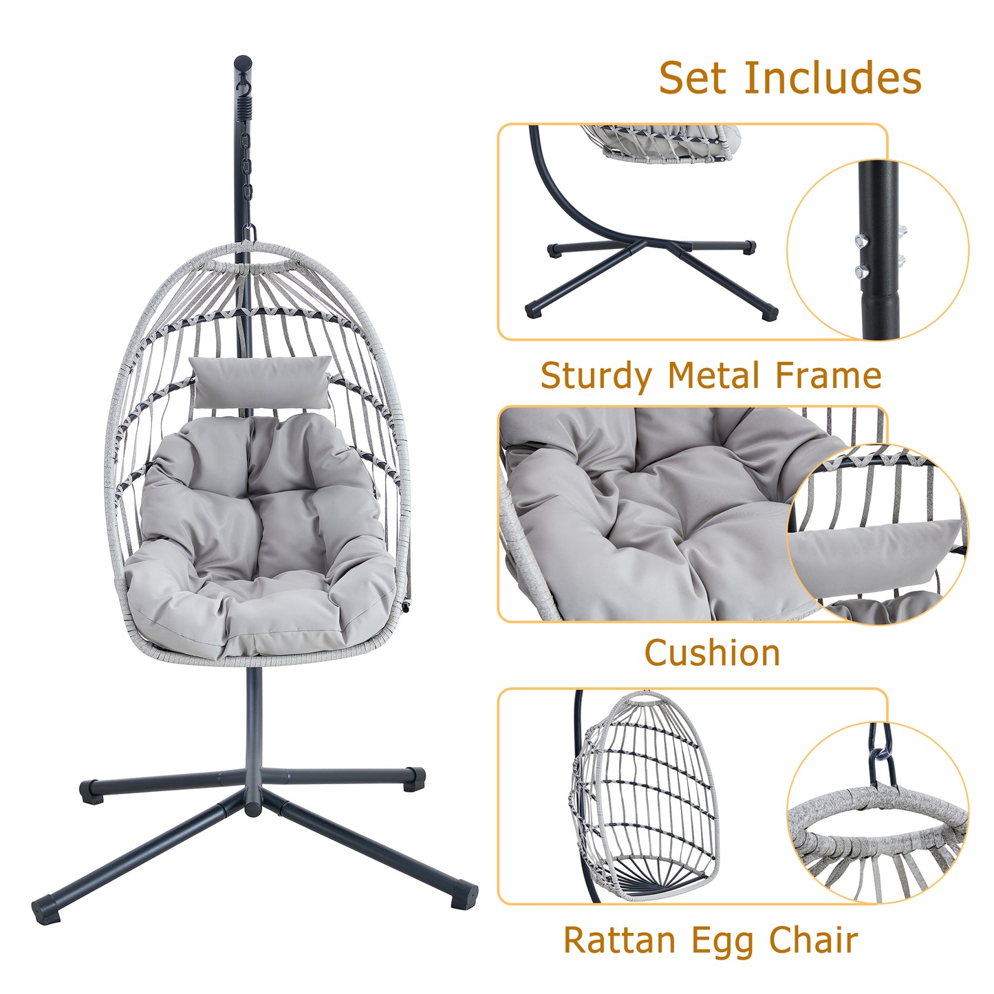 GRHeavy-Duty Iron Hanging Chair with Wicker Weave – Single Person Swing for Indoor/Outdoor (Gray)