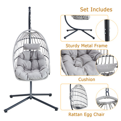 GRHeavy-Duty Iron Hanging Chair with Wicker Weave – Single Person Swing for Indoor/Outdoor (Gray)