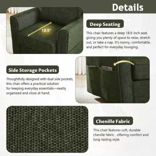 360° Swivel Chair Accent Barrel Armchair Swivel Sofa Chair with Side Pockets for Living Room, Bedroom, Office and Hotel, Green