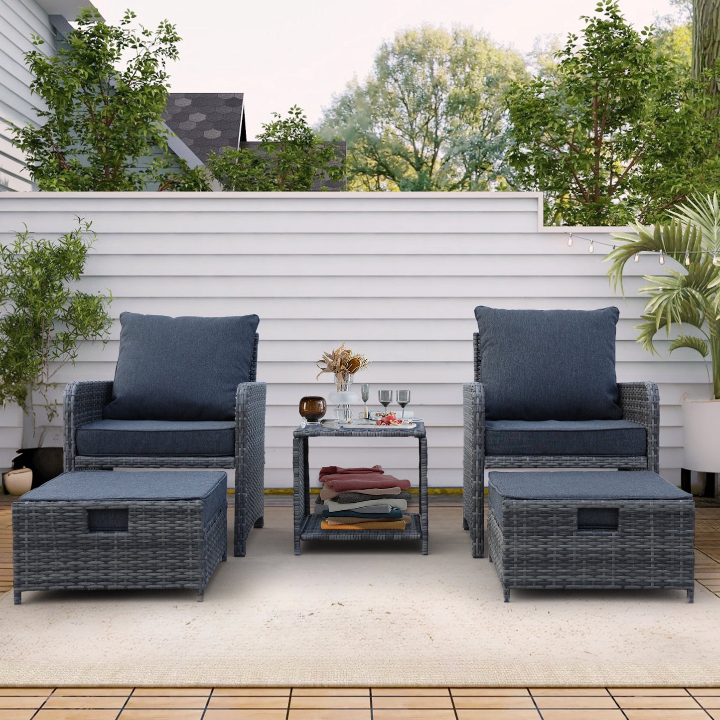 5 Pieces Wicker Patio Furniture Set Outdoor Patio Chairs with Ottomans Conversation Furniture with coffetable for Poolside Garden Balcony