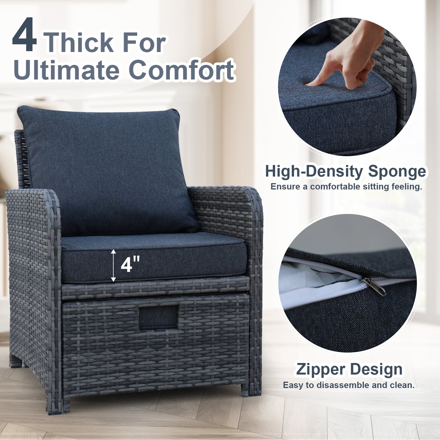 5 Pieces Wicker Patio Furniture Set Outdoor Patio Chairs with Ottomans Conversation Furniture with coffetable for Poolside Garden Balcony