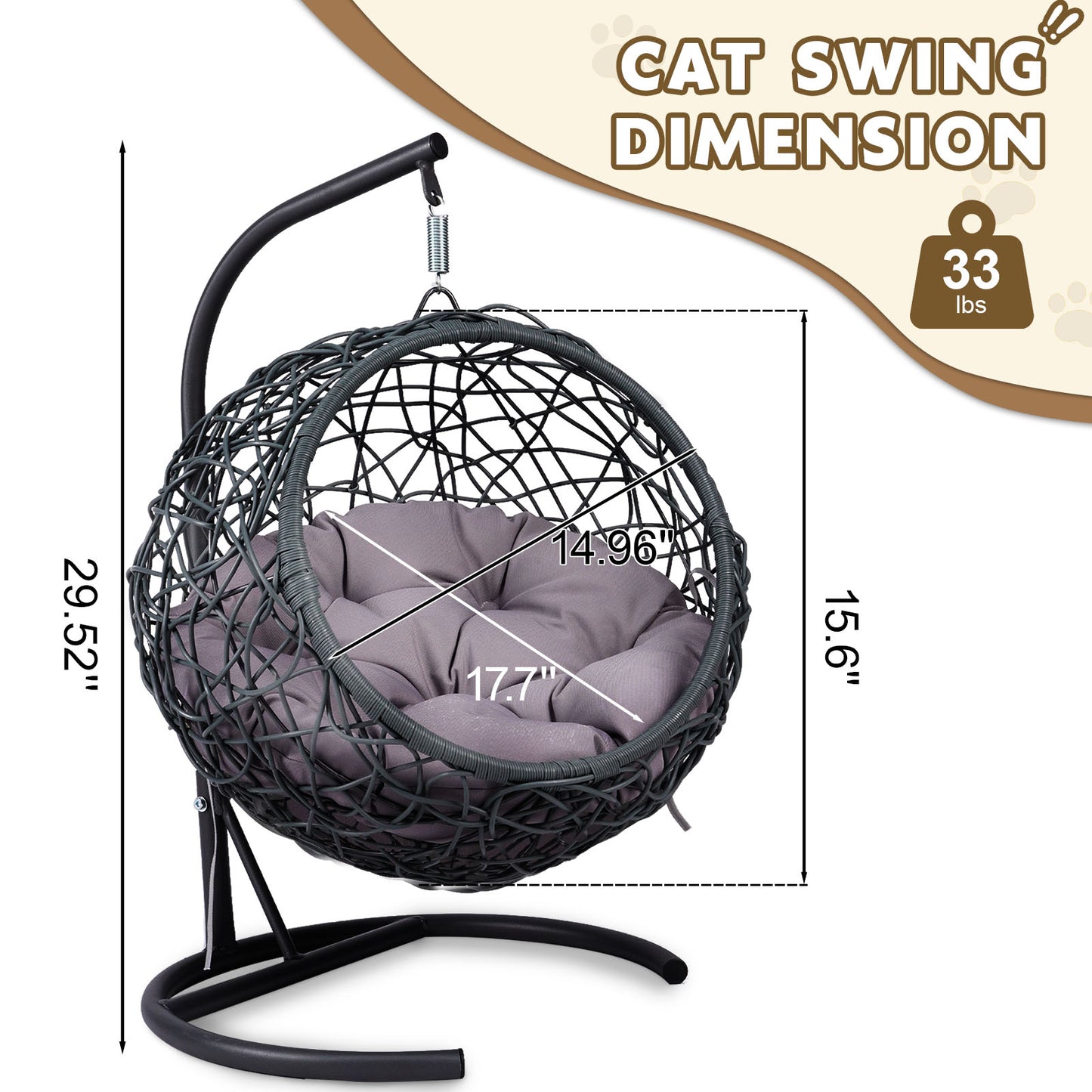 Cat Swing Bed with Stand & Cushion, Cat Egg Chair with Rattan Wicker Appearance, Indoor Hanging Swinging Cat Bed for Cats, Small Dogs, and Small Animals.Gray.