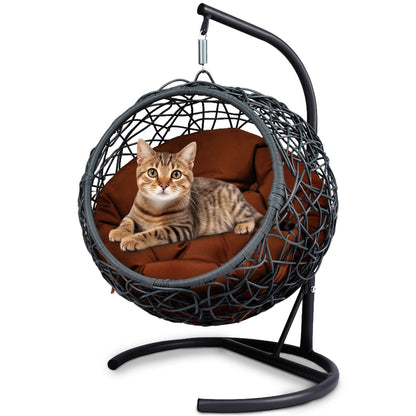 Cat Swing Bed with Stand & Cushion, Cat Egg Chair with Rattan Wicker Appearance, Indoor Hanging Swinging Cat Bed for Cats, Small Dogs, and Small Animals, Brown