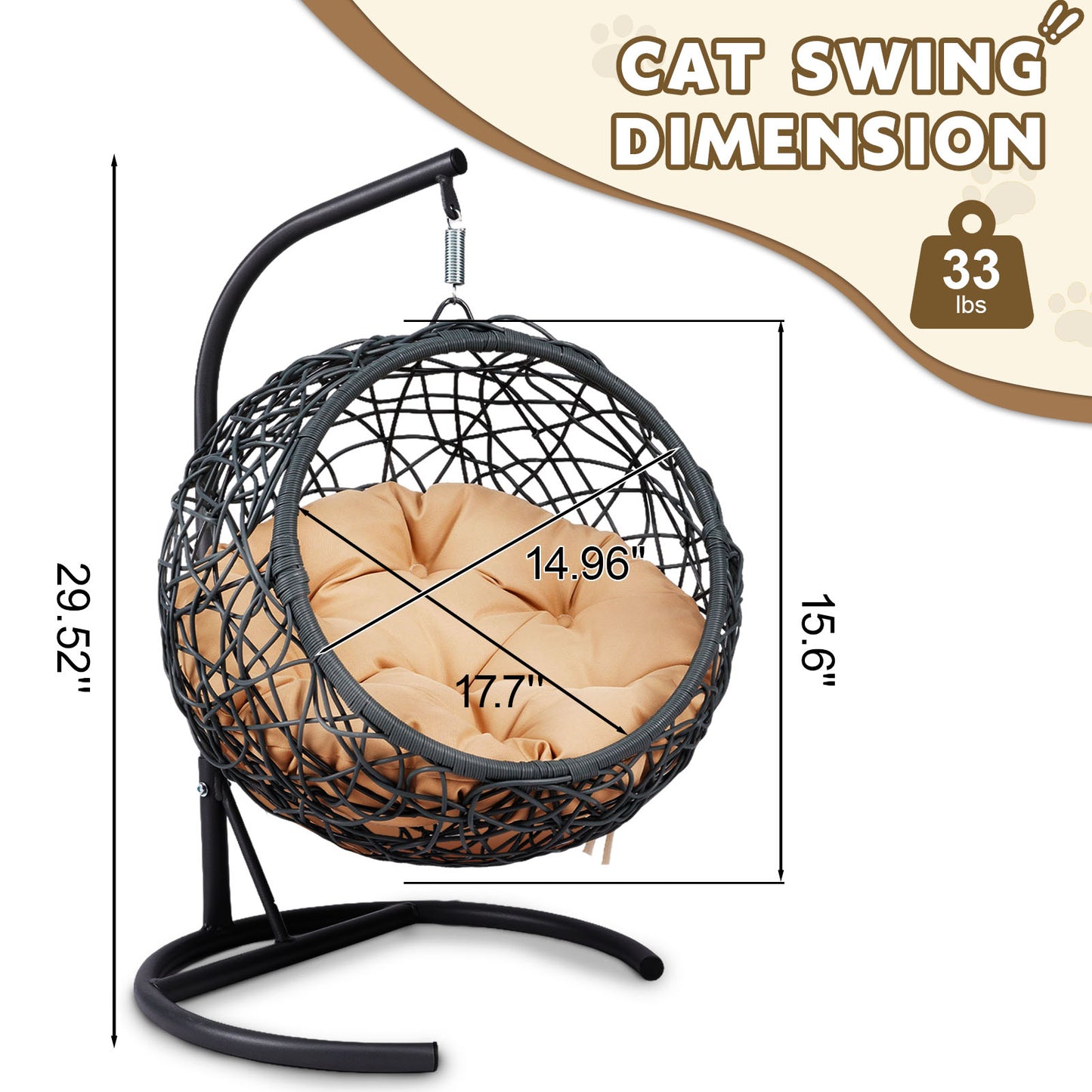 Cat Swing Bed with Stand & Cushion, Cat Egg Chair with Rattan Wicker Appearance, Indoor Hanging Swinging Cat Bed for Cats, Small Dogs, and Small Animals, Yellow