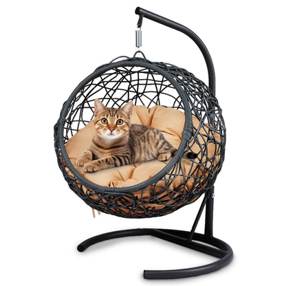 Cat Swing Bed with Stand & Cushion, Cat Egg Chair with Rattan Wicker Appearance, Indoor Hanging Swinging Cat Bed for Cats, Small Dogs, and Small Animals, Yellow