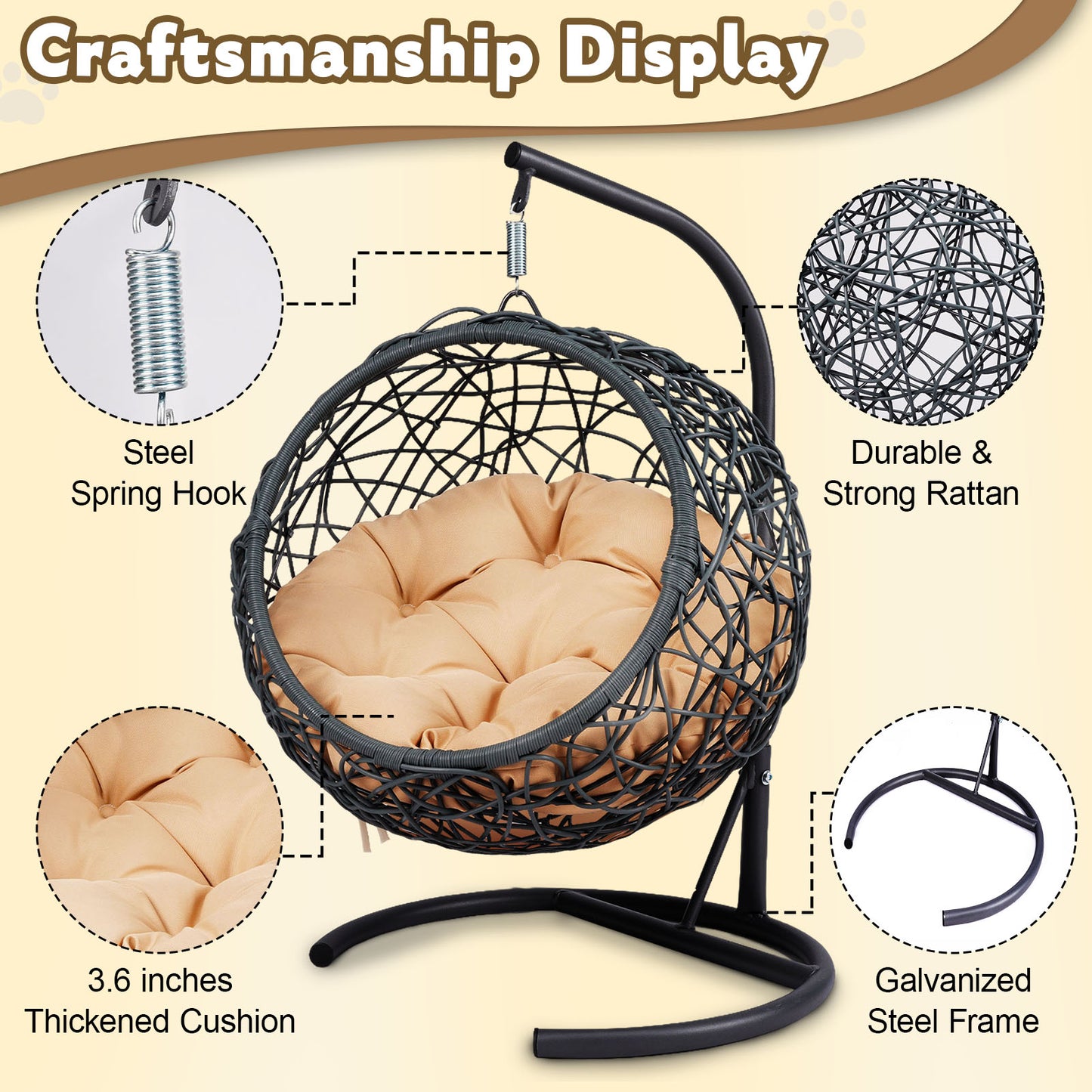 Cat Swing Bed with Stand & Cushion, Cat Egg Chair with Rattan Wicker Appearance, Indoor Hanging Swinging Cat Bed for Cats, Small Dogs, and Small Animals, Yellow
