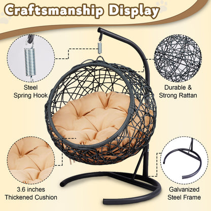 Cat Swing Bed with Stand & Cushion, Cat Egg Chair with Rattan Wicker Appearance, Indoor Hanging Swinging Cat Bed for Cats, Small Dogs, and Small Animals, Yellow