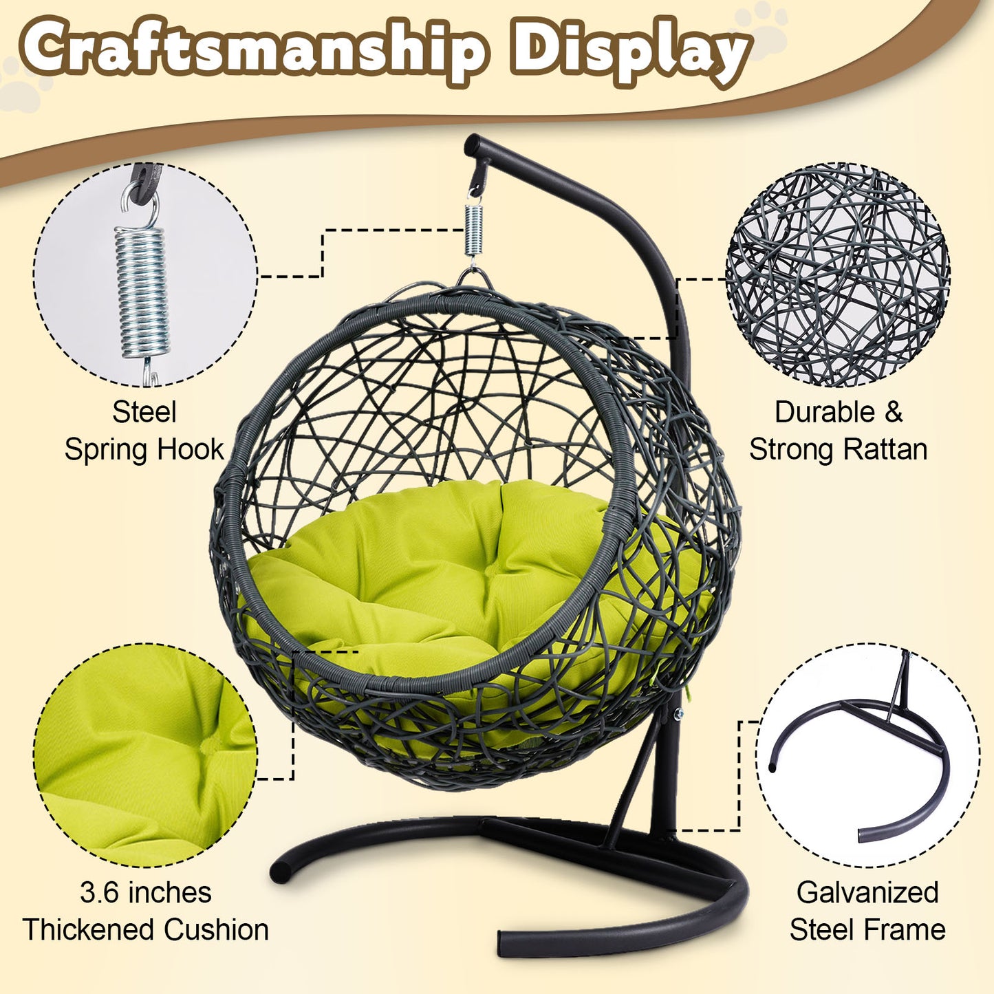 Cat Swing Bed with Stand & Cushion, Cat Egg Chair with Rattan Wicker Appearance, Indoor Hanging Swinging Cat Bed for Cats, Small Dogs, and Small Animals, Green