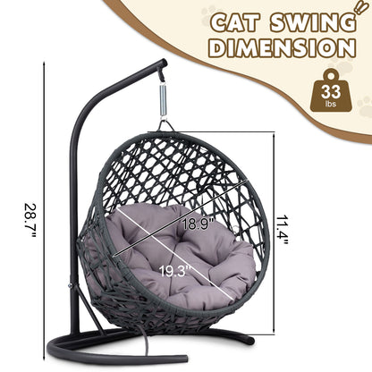 Cat Swing Bed with Stand & Cushion, Cat Egg Chair with Rattan Wicker Appearance, Indoor Hanging Swinging Cat Bed for Cats, Small Dogs, and Small Animals, Gray