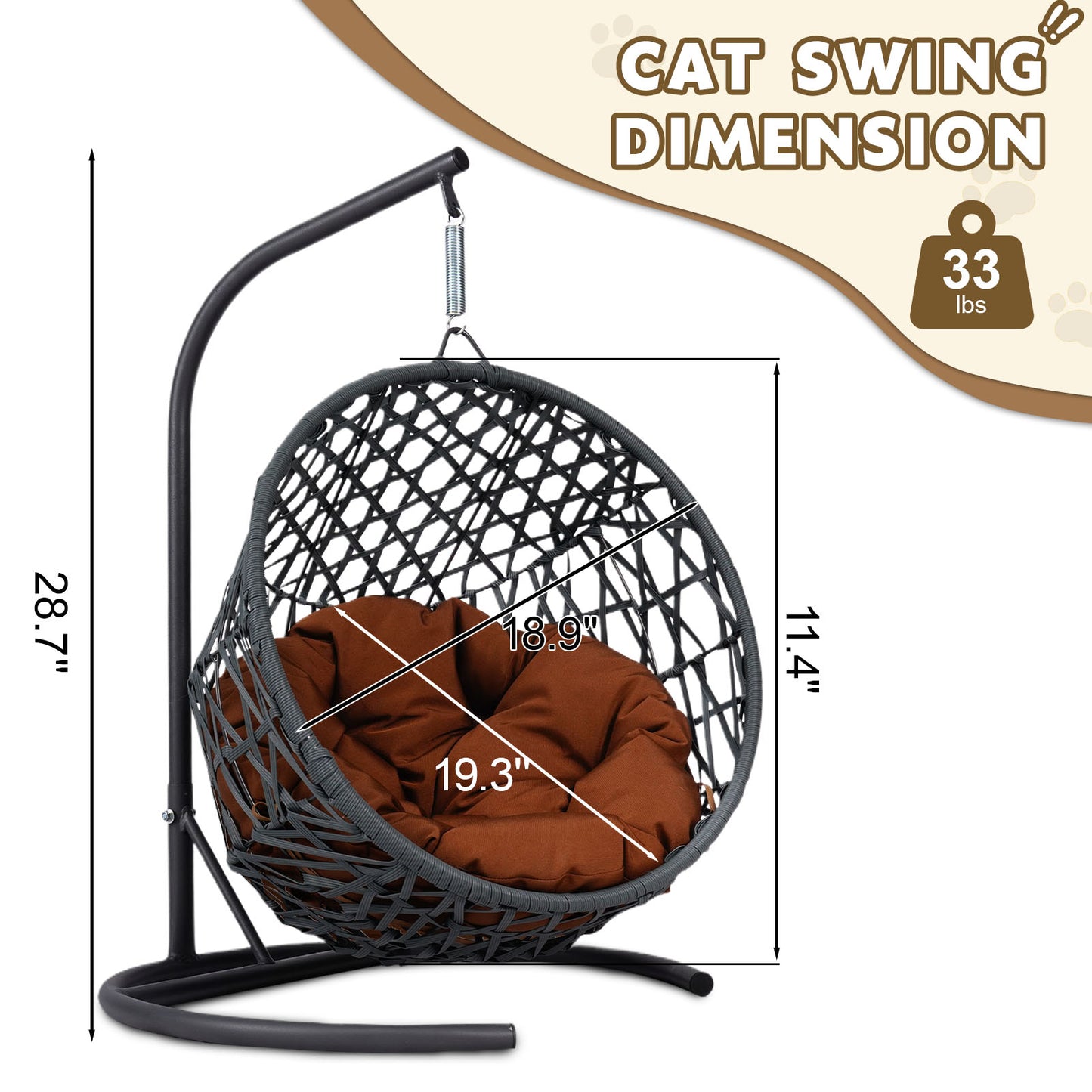 Cat Swing Bed with Stand & Cushion, Cat Egg Chair with Rattan Wicker Appearance, Indoor Hanging Swinging Cat Bed for Cats, Small Dogs, and Small Animals,Brown
