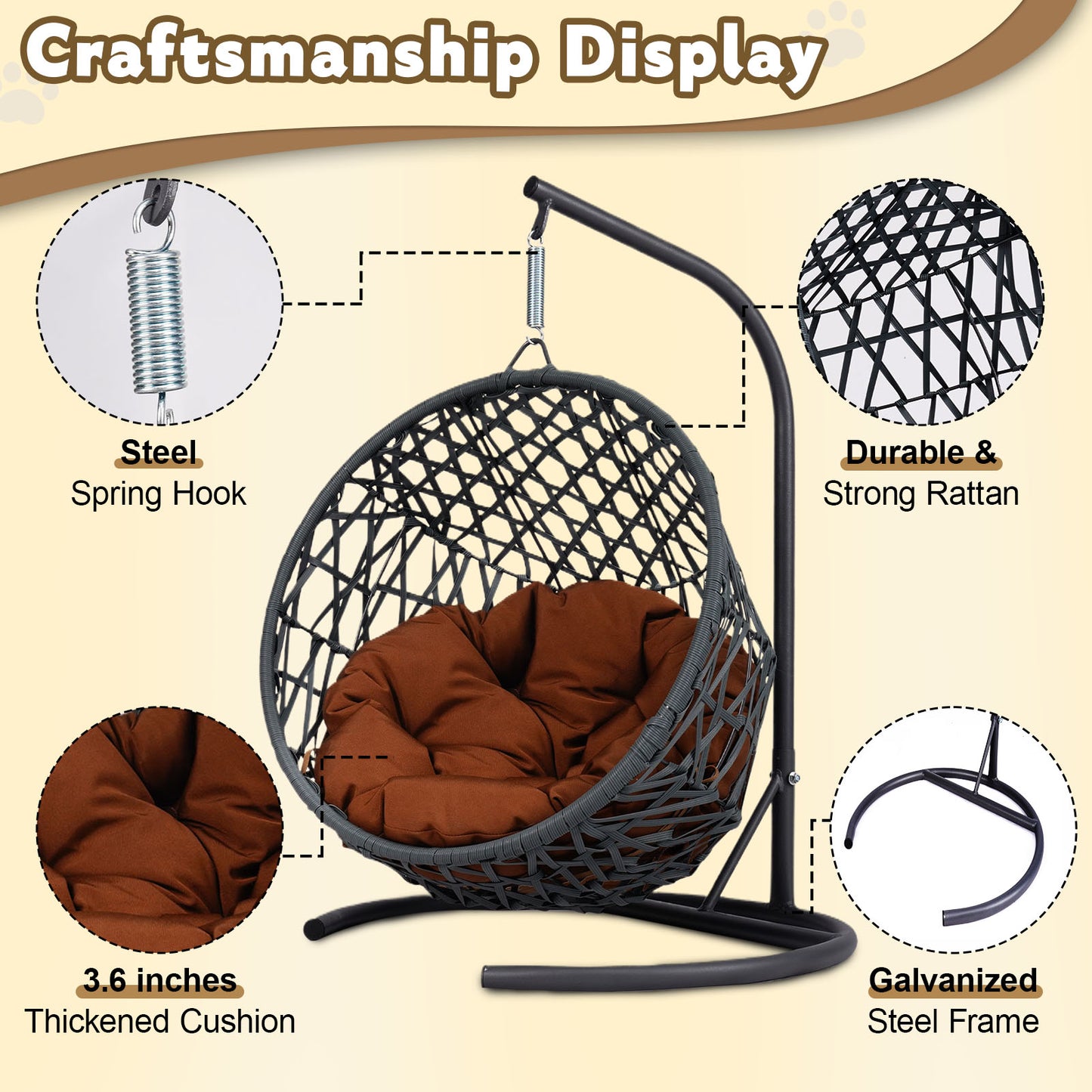 Cat Swing Bed with Stand & Cushion, Cat Egg Chair with Rattan Wicker Appearance, Indoor Hanging Swinging Cat Bed for Cats, Small Dogs, and Small Animals,Brown