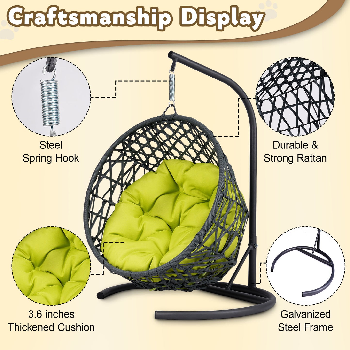 Cat Swing Bed with Stand & Cushion, Cat Egg Chair with Rattan Wicker Appearance, Indoor Hanging Swinging Cat Bed for Cats, Small Dogs, and Small Animals,Green