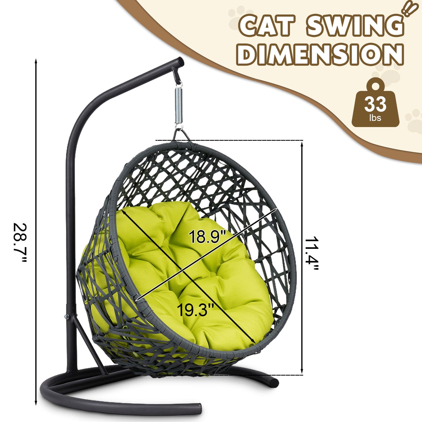 Cat Swing Bed with Stand & Cushion, Cat Egg Chair with Rattan Wicker Appearance, Indoor Hanging Swinging Cat Bed for Cats, Small Dogs, and Small Animals,Green