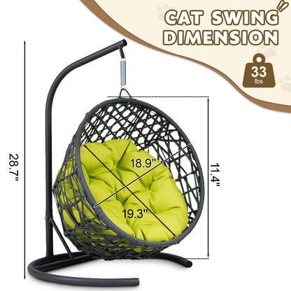 Cat Swing Bed with Stand & Cushion, Cat Egg Chair with Rattan Wicker Appearance, Indoor Hanging Swinging Cat Bed for Cats, Small Dogs, and Small Animals,Green
