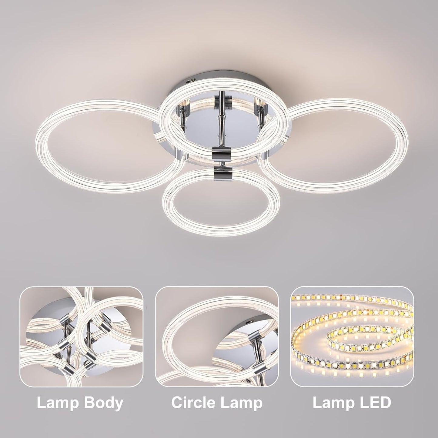 Modern LED Ceiling Light, Flush Mount Ceiling Light with Dimmable Remote Control, 6Rings Acrylic Ceiling Light Fixture for Bedroom, Living Room, Kitchen, Office Lamps (4 heads)