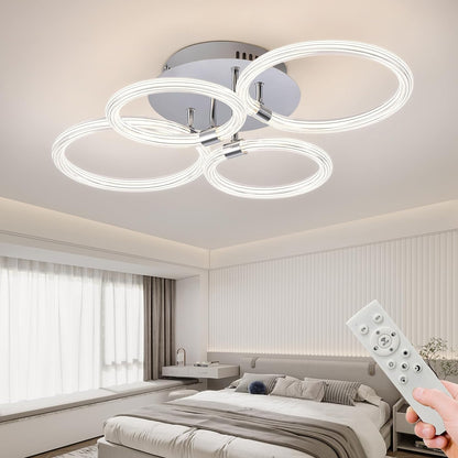 Modern LED Ceiling Light, Flush Mount Ceiling Light with Dimmable Remote Control, 6Rings Acrylic Ceiling Light Fixture for Bedroom, Living Room, Kitchen, Office Lamps (4 heads)