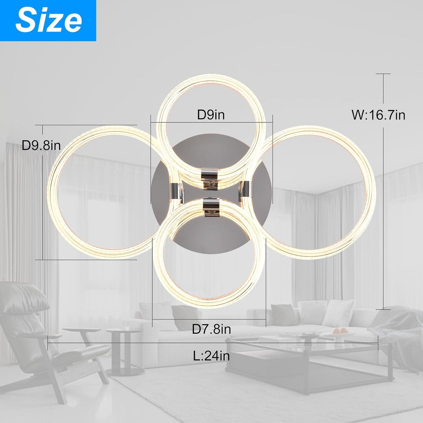 Modern LED Ceiling Light, Flush Mount Ceiling Light with Dimmable Remote Control, 6Rings Acrylic Ceiling Light Fixture for Bedroom, Living Room, Kitchen, Office Lamps (4 heads)