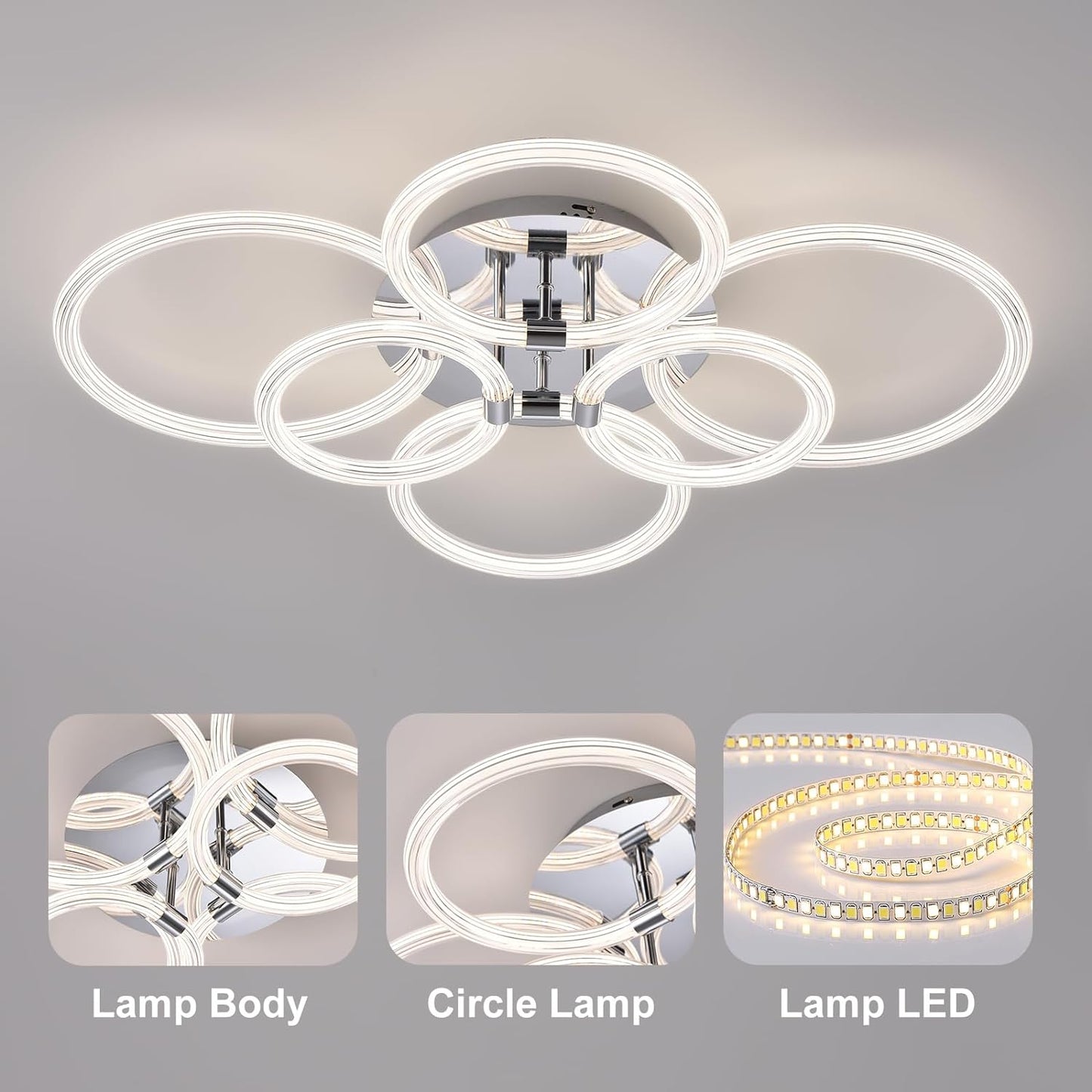 Modern LED Ceiling Light, Flush Mount Ceiling Light with Dimmable Remote Control, 6Rings Acrylic Ceiling Light Fixture for Bedroom, Living Room, Kitchen, Office Lamps (6 Heads)